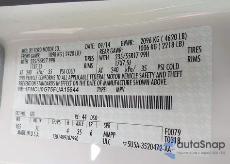 2015 Ford Escape Se из США, поврежденный, VIN 1FMCU0G75FUA15644